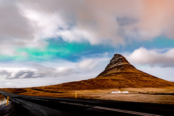 Famous kirkjufell mountain in north Iceland & north light