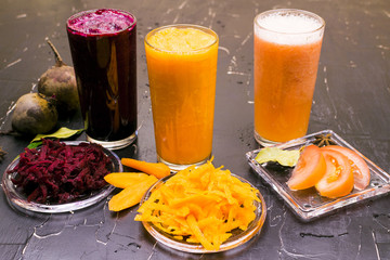 The fresh juice of carrots, beets and tomatoes