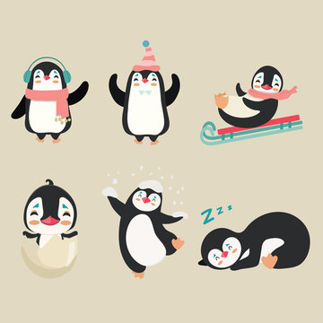 Collection of cartoon penguin.
