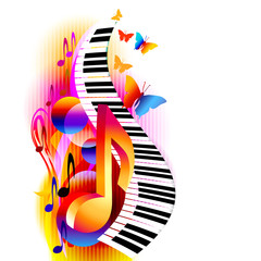 Colorful 3d music notes with piano keyboard and butterfly. Music background for poster, brochure, banner, flyer, concert, music festival               