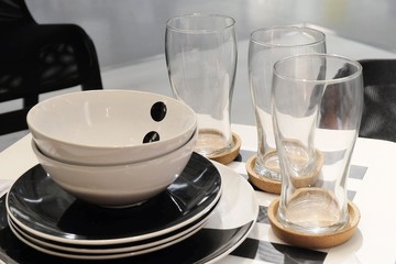 Set of Ceramic Plates with Bowls and Glass