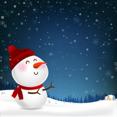 Snowman cartoon smile and blank copy space falling snow in the winter night backgroud vector illustration 001