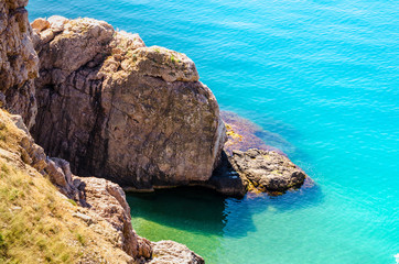 Panoramic beautiful azure sea summer landscape of Crimea shore