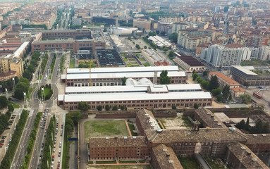 Aerial view of OGR (Officine Grandi Riparazioni) train repair shop in Turin - obrazy, fototapety, plakaty