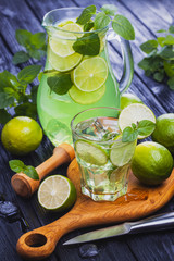 lemonade mojito in a glass on a black wooden background