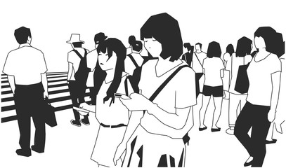 Illustration of crowd of people walking on the street in black and white