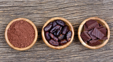 Cacao with chocolate in a bowls on table