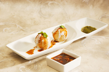 Indian Chaat Dahi Bhalle with Curd and Sweet Sauce