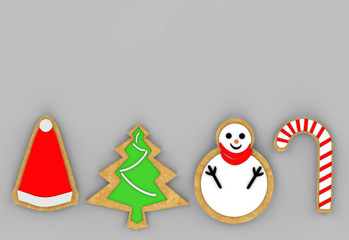 3d rendering. chiristmas symbol as santa hat, tree, snow man and candy in cookies shape on copy space gray bakcground with clipping path