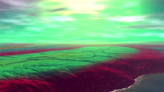 Landscape of stranger planet. Rocks and rain.  Animation. 4К