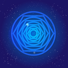 Sacred geometry figure, tunnel, black hole, in cosmic space. Magic symbol in Universe sky. Crossing reality 3d.