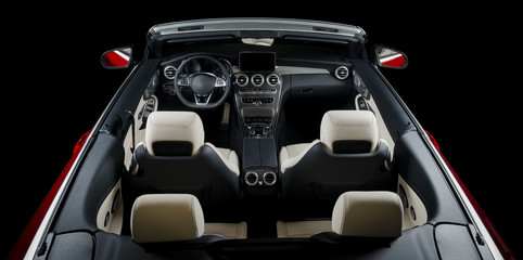Modern cabriolet car interior, aerial view, isolated on black background, clipping path included