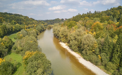 aerial flight over the isar river munich in fall