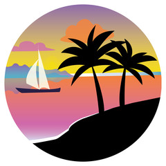 Black silhouette of a palm tree in a circle at sunset. Flat vector icon for design works. Icon with a tropical island - 174959768