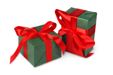 Christmas holiday gift boxes in green paper isolated on white