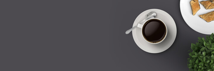 Banner mit Tasse Kaffee Gebäck und grüner Pflanze