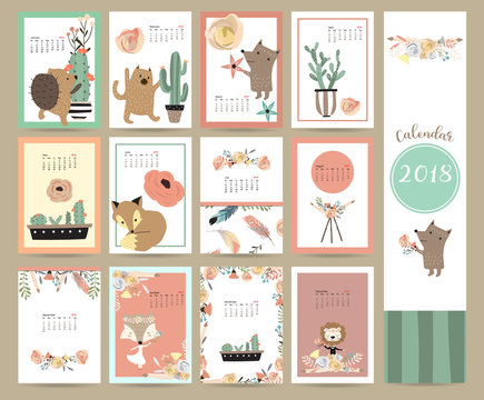 Colorful cute monthly calendar 2018 with fox,bear,cactus,wreath,flower and porcupine.Can be used for web,banner,poster,label and printable