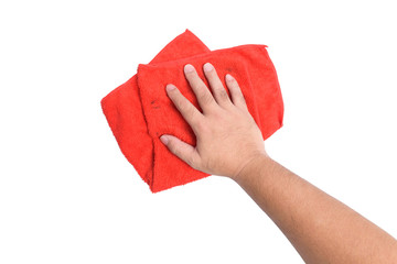 A man's hand Using red rags wipe on white background or isolated