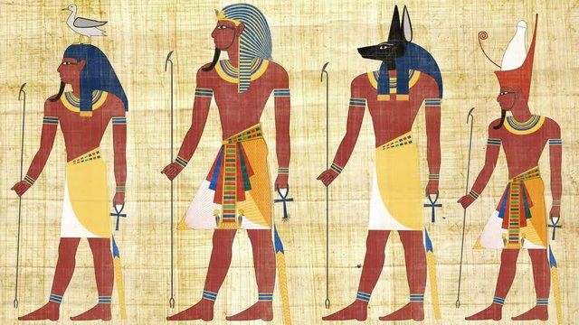 Egyptian Gods and Pharaohs on a Papyrus Background 4K