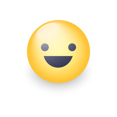 Fun yellow cartoon emoji face with smile and open eyes. Cute happy emoticon. Realistic smiley.