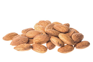 Almonds on white background, close up, isolated on white
