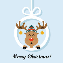 Christmas card with cartoon deer. Vector illustration