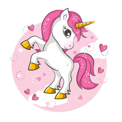 Cute magical unicorn. Vector design on white background. Print for t-shirt. Romantic hand drawing illustration for children. - 174964785