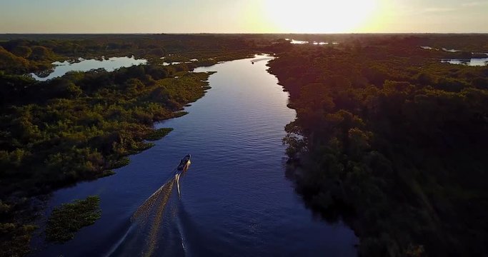 Wonderful landscape in Mato Grosso do Sul state, Brazil. Two boats cross the river. Top view.