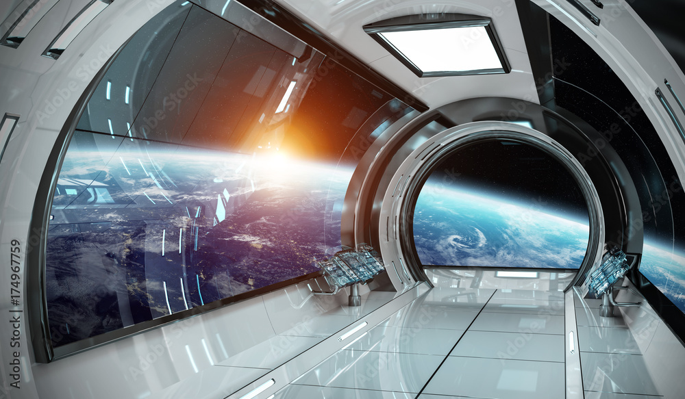 Poster Spaceship interior with view on Earth 3D rendering elements of this image furnished by NASA