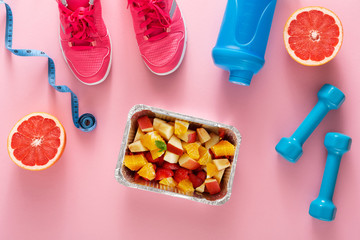 Fitness background, sport equipment, healthy food