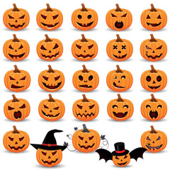 Set pumpkin on white background. The main symbol of the Happy Halloween holiday. Orange pumpkin with smile for your design for the holiday Halloween. Vector illustration. - obrazy, fototapety, plakaty