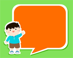 Happy little boy kid with empty speech bubble cartoon vector.