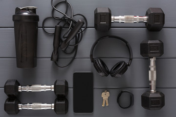 Fitness background, sport equipment, copy space