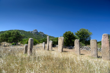 The menhirs alignment of Stantari, in the megalithic site of Cauria, Sartene area, Corsica, France