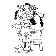 Fototapeta premium An old shoemaker sitting on a stool and repairing shoes