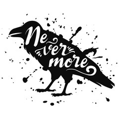 Vector isolated silhouette of a sitting raven, crow. Black bird design with text nevermore, ink splashes