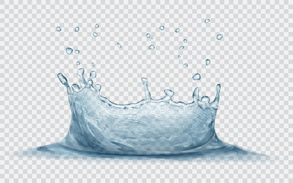 Transparent water crown with water drops. Splash of water in gray colors, isolated on transparent background. Transparency only in vector file