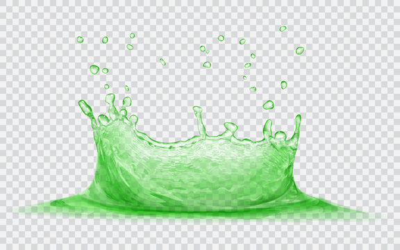 Transparent water crown with water drops. Splash of water in green colors, isolated on transparent background. Transparency only in vector file