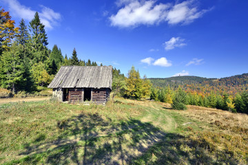 Old wooden hut in the meadow, Gorce mountains, Poland