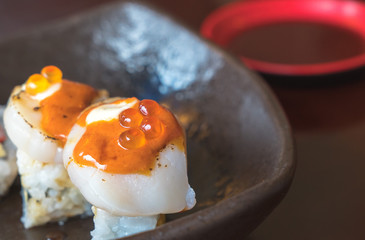 Japan luxury tradition food "Scallop with salmon egg" serve with wasabi and shoyu sauce