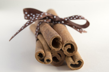 Fresh raw cinnamon sticks on white background tied with brown dotted bow