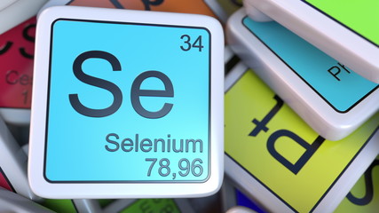 Selenium Se block on the pile of periodic table of the chemical elements blocks. Chemistry related 3D rendering