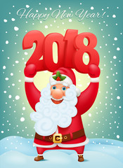 Santa Claus cartoon character holding 2018 big numbers. New year invitation card temolate