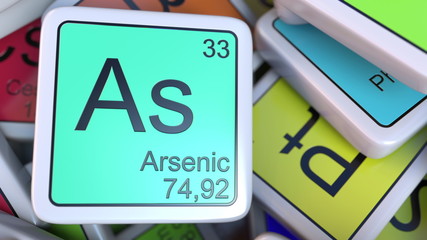 Arsenic As block on the pile of periodic table of the chemical elements blocks. Chemistry related 3D rendering
