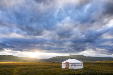 mongolian yurt, called ger,  in a landscape on northern mongolia