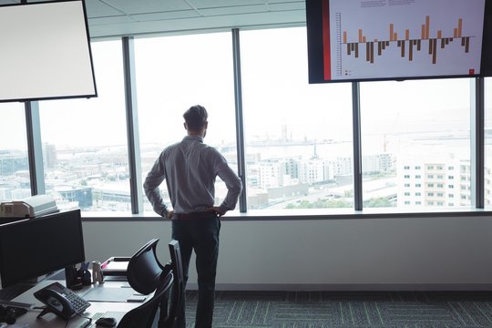 Rear View Of Businessman Standing With Hands On Hip At Office