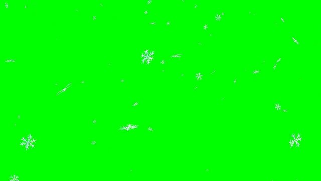 Animated detailed and cartoon like or clip art snow flakes with blue tint falling against green background.