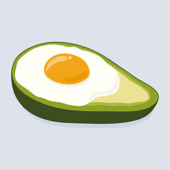 Avocado baked with egg. Freshly baked delicious avocado with egg inside, healthy meal. Yummy breakfast. Hand drawn vector illustration isolated on background. 