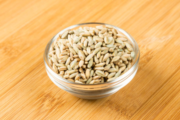 Rye berry grains on a wood background
