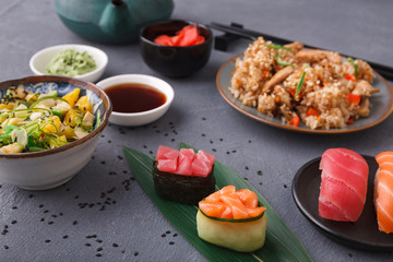 Served table with asian food closeup